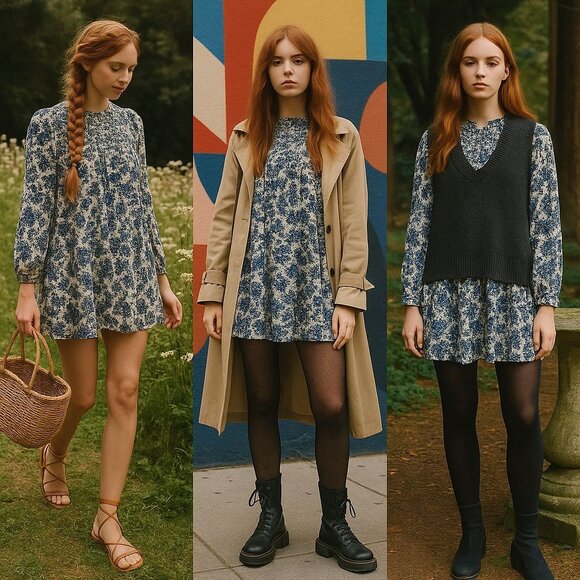 Free People Women’s Floral Tunic Blue M Cottagecore, Indie Vanguard, Whimsygoth - Picture 1 of 13